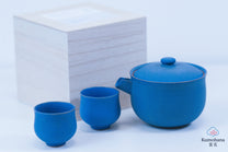 HANDMADE JAPANESE KATAKUCHI SAKE SET | INDIGO BLUE | LIDDED KATAKUCHI + 2 OCHOKO CUPS | TOHKEN-GAMA 陶謙窯
