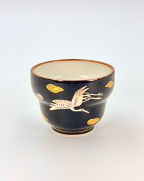 KIYOMIZU WARE SAKE CUP | KUROMAKI GOLD &amp; SILVER CRANES | 黒蒔金銀鶴 | NISHIKAWA