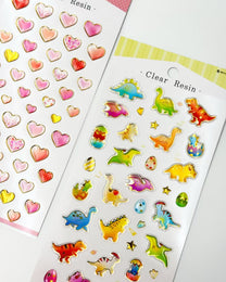 JAPANESE CLEAR RESIN STICKERS  | GOLD FOIL HEARTS &amp; DINOSAURS  | NB