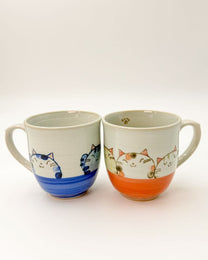 SETO WARE HAND PAINTED CAT MUG | BLUE &amp; RED