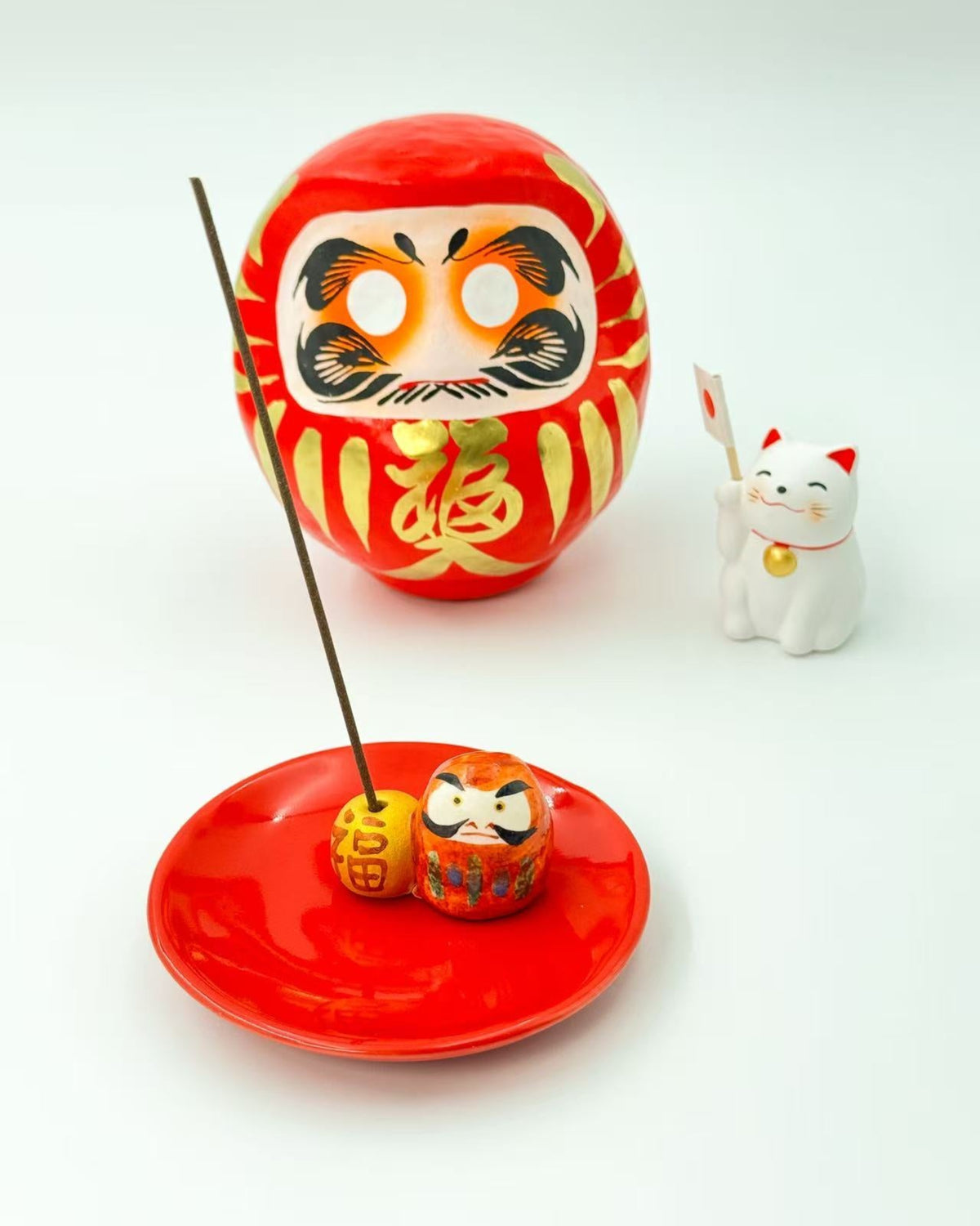 DARUMA &amp; GOOD FORTUNE INCENSE HOLDER SET | JAPANESE LUCKY CHARM