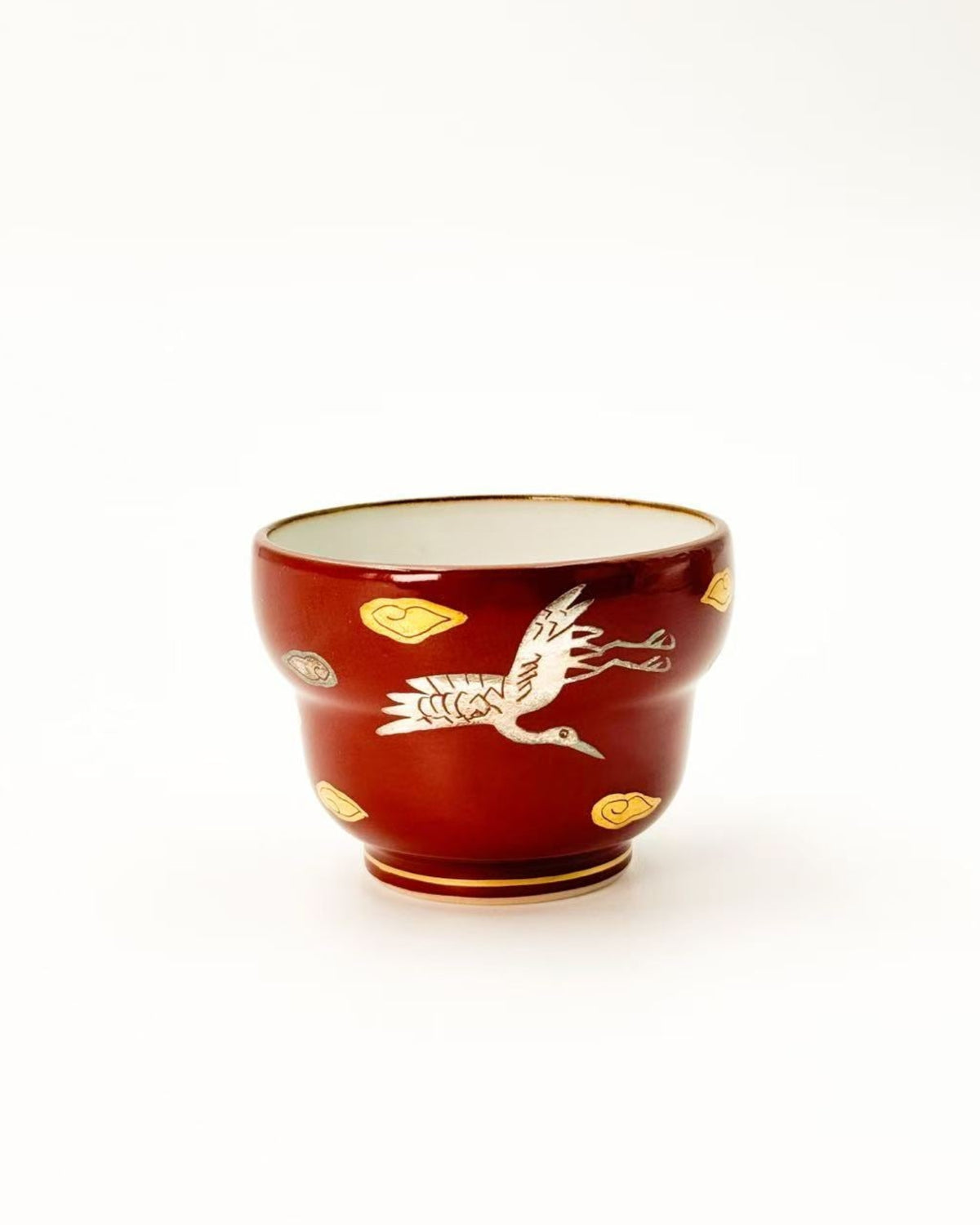 KIYOMIZU WARE SAKE CUP | AKAMAKI GOLD &amp; SILVER CRANES 赤蒔金銀鶴 | NISHIKAWA