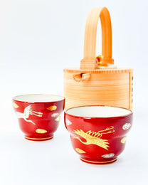 KIYOMIZU WARE SAKE CUP | AKAMAKI GOLD &amp; SILVER CRANES 赤蒔金銀鶴 | NISHIKAWA