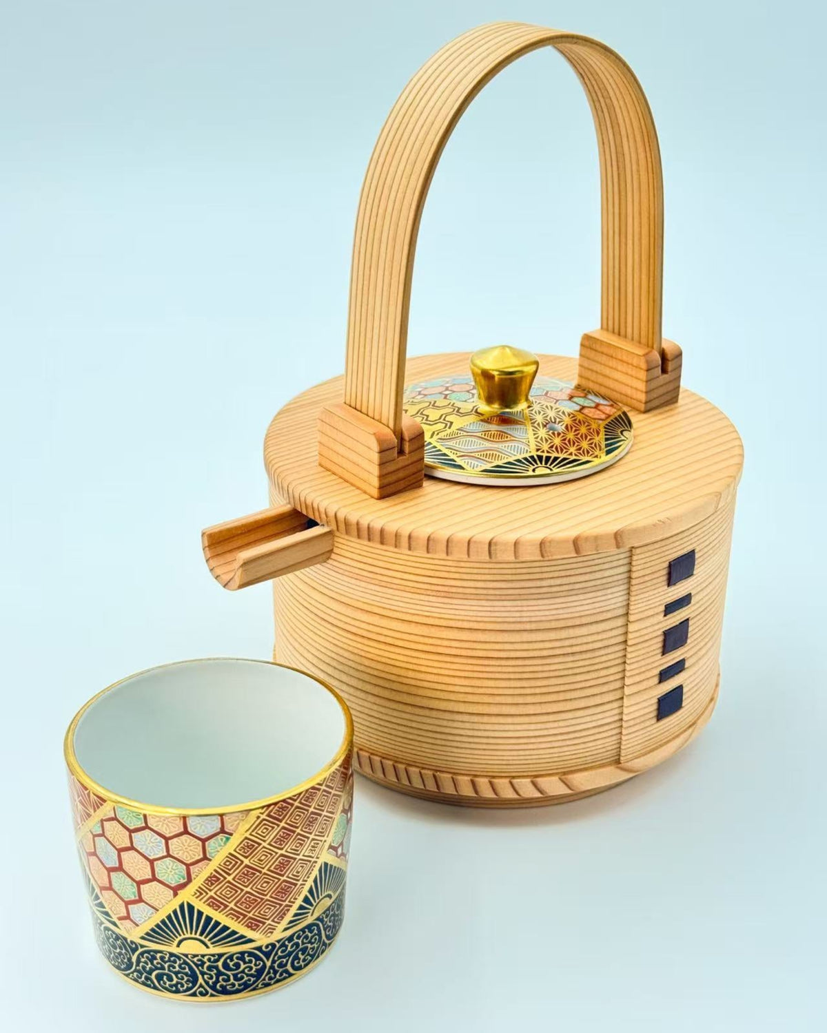KIYOMIZU WARE SAKE SERVER | KINSAI NEJIKOMON MAGEWAPPA 金彩捻小紋 曲げわっぱ | NISHIKAWA